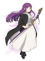 Rule 34 | 1girl, black coat, black footwear, blunt bangs, boots, character name, coat, commentary request, dress, fern (sousou no frieren), full body, highres, holding, holding staff, long hair, looking at viewer, mage staff, open clothes, open coat, purple eyes, purple hair, shiharu1115, simple background, solo, sousou no frieren, staff, white background, white dress