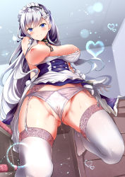 Rule 34 | 1girl, apron, azur lane, bare shoulders, belfast (azur lane), blue eyes, blush, braid, breasts, cleavage, clothes lift, collar, commentary request, desk, closed eyes, french braid, frilled apron, frilled gloves, frills, from below, garter belt, gloves, heart, highres, indoors, large breasts, looking at viewer, looking down, maid, maid apron, maid headdress, nipples, one breast out, panties, panty pull, pulled by self, pussy juice, silver hair, skirt, skirt lift, smile, solo, sparkle, standing, sweat, thighhighs, underwear, waist apron, white apron, white gloves, white panties, white thighhighs, yukishiro arte