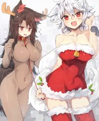 Rule 34 | 2girls, animal ears, antlers, bad id, bad pixiv id, bell, bodysuit, breasts, brown hair, christmas, cleavage, collar, covered navel, dress, fake horns, flying sweatdrops, fur trim, highres, horns, imaizumi kagerou, inubashiri momiji, large breasts, leash, long hair, looking at viewer, multiple girls, open mouth, red dress, red eyes, red legwear, sack, santa costume, santa dress, short dress, simple background, smile, suminagashi, tail, thighhighs, touhou, white background, white hair, wolf ears, wolf tail