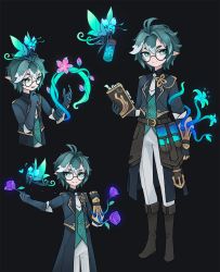 Rule 34 | 1boy, 1girl, ahoge, aqua eyes, bags under eyes, book, character sheet, commentary, english commentary, fairy, fantasy, flower, full body, gauntlets, glasses, gloves, green hair, highres, multicolored hair, original, plant, pointy ears, rose, round eyewear, single gauntlet, sitting, sitting on head, sitting on person, squeaky (artist), standing, two-tone hair, vial, vines, white hair