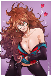 Rule 34 | 1girl, android 21, bare shoulders, big hair, black-framed eyewear, black pantyhose, blue eyes, border, breasts, brown hair, checkered clothes, checkered dress, cleavage, cleavage reach, commentary, curly hair, detached sleeves, dragon ball, dragon ball fighterz, dress, earrings, english commentary, glasses, hair between eyes, head tilt, heart, highres, hoop earrings, jewelry, large breasts, leaning forward, lips, long hair, looking at viewer, messy hair, no bra, off shoulder, outside border, pantyhose, pulled by self, purple background, solo, uger, undressing, white border