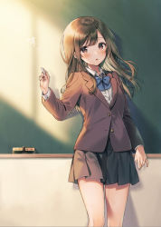 Rule 34 | 1girl, black hair, black skirt, blazer, blue bow, blue bowtie, blush, bow, bowtie, brown eyes, brown jacket, chalk, chalkboard, collared shirt, dress shirt, highres, holding, holding chalk, indoors, jacket, long hair, long sleeves, looking at viewer, midorikawa you, original, parted lips, pleated skirt, school uniform, shirt, skirt, solo, textless version, translated, white shirt