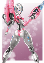 Rule 34 | 1girl, absurdres, arcee, ass, blue eyes, border, breasts, flame toys, flame toys arcee, from behind, gun, highres, holding, holding gun, holding weapon, juuta-rou, lens flare, looking back, mecha, open hand, outside border, robot, shadow, small breasts, smile, transformers, weapon, white border