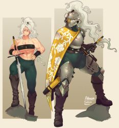 Rule 34 | 1girl, abs, armor, bandeau, boots, bracer, breastplate, breasts, character name, commentary, english commentary, english text, facial scar, female knight, floral print, flower, gloves, grey hair, hand on own hip, helmet, high ponytail, highres, holding, holding sword, holding weapon, jewelry, justrube, knee boots, knight, large breasts, long hair, looking at viewer, midriff, multiple views, muscular, muscular female, navel, necklace, original, pants, scar, scar on arm, scar on cheek, scar on chest, scar on face, sheath, sheathed, shoulder armor, side cape, signature, sword, tight clothes, tight pants, weapon