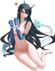 Rule 34 | 1girl, absurdres, anger vein, arknights, barefoot, black hair, blue skin, bound, bound wrists, breasts, cleft of venus, collarbone, colored skin, convenient arm, dragon girl, dragon horns, dragon tail, dusk (arknights), earrings, full body, gradient skin, green hair, highres, horns, jewelry, large breasts, leiroken, long hair, looking at viewer, multicolored hair, navel, nude, open mouth, pointy ears, pussy, red eyes, simple background, sitting, solo, speech bubble, spoken anger vein, stomach, streaked hair, tail, tassel, tassel earrings, two-tone hair, uncensored, v-shaped eyebrows, very long hair, white background, yokozuwari