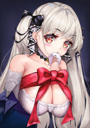 Rule 34 | 1girl, absurdres, azur lane, bad id, bad pixiv id, bare shoulders, black ribbon, breasts, cleavage, collarbone, commentary request, formidable (azur lane), highres, large breasts, long hair, looking at viewer, mouth hold, red eyes, red ribbon, ribbon, silver hair, solaris (sinhyg), solo, twintails, two-tone ribbon, white ribbon