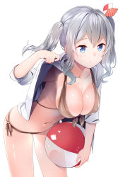 Rule 34 | 1girl, :o, absurdres, ball, bare legs, beachball, bikini, blue eyes, blue jacket, breasts, brown bikini, byte (allbyte), cleavage, collarbone, cowboy shot, cropped jacket, front-tie bikini top, front-tie top, hair ribbon, hand up, hanging breasts, highres, hood, hooded jacket, jacket, kantai collection, kashima (kancolle), large breasts, leaning forward, lips, ribbon, side-tie bikini bottom, sidelocks, silver hair, solo, swimsuit, twintails, white background, white jacket
