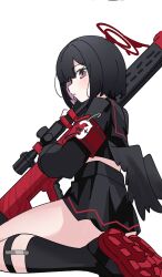 Rule 34 | 1girl, absurdres, anti-materiel rifle, anzio ironworks 20mm rifle, armband, black hair, black serafuku, black socks, black wings, blue archive, blush, boots, closed mouth, expressionless, gun, halo, highres, kneehighs, long sleeves, looking at viewer, looking to the side, low wings, mashiro (blue archive), miniskirt, pleated skirt, purple eyes, red footwear, rifle, school uniform, serafuku, shiromoca, short hair, simple background, sitting, skirt, sniper rifle, socks, solo, wariza, weapon, white background, wide sleeves, winged halo, wings