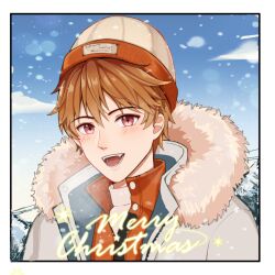 Rule 34 | 1boy, :d, beanie, blue sky, brown eyes, brown hair, cloud, cloudy sky, coat, fur collar, hat, highres, looking at viewer, lsy0416, luke pearce (tears of themis), male focus, merry christmas, open mouth, outdoors, short hair, sky, smile, snow, snowing, solo, tears of themis, tree, upper body, white coat, winter, winter clothes, winter coat