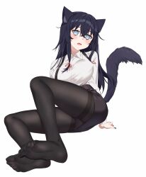 Rule 34 | 1girl, absurdres, animal ear fluff, animal ears, black nails, black pantyhose, black skirt, blue eyes, blush, breasts, cat ears, collared shirt, commentary request, crossed bangs, dangogo, fang, feet, hair between eyes, hair ribbon, hand on ground, highres, korean commentary, large breasts, long bangs, long hair, looking at viewer, low-tied sidelocks, nail polish, no shoes, open mouth, original, pantyhose, red ribbon, ribbon, shirt, shirt tucked in, sidelocks, simple background, sitting, skirt, soles, solo, tail, white background, white shirt