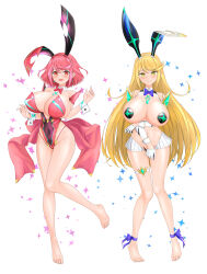 Rule 34 | absurdres, adapted costume, blonde hair, breasts, feichu keju, highres, large breasts, leotard, long hair, mythra (xenoblade), playboy bunny, pyra (xenoblade), red eyes, red hair, simple background, very long hair, white background, xenoblade chronicles (series), xenoblade chronicles 2, yellow eyes