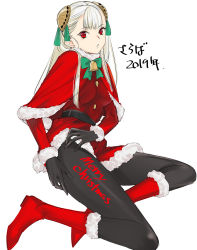 Rule 34 | 1girl, bell, black gloves, black pantyhose, body writing, boots, capcom fighting jam, christmas, clothes lift, commentary request, dress, gloves, hairpods, highres, ingrid (capcom), merry christmas, pantyhose, red dress, red eyes, santa boots, santa costume, santa dress, skirt, skirt lift, solo, tetsu (kimuchi), translation request, white hair