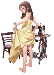 Rule 34 | 1girl, barefoot, brown eyes, brown hair, chair, closed mouth, commentary request, dress, feet, from side, full body, legs, mouth hold, murata range, original, sewing machine, shadow, simple background, skirt hold, sleeveless, sleeveless dress, solo, standing, swept bangs, thighs, toenails, toes, white background, wristband, yellow dress