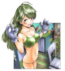 Rule 34 | 1girl, absurdres, blue eyes, blush, breasts, chair, covered erect nipples, cowboy shot, gagaimo, gloves, green hair, green sports bra, hands up, highres, leaf, long hair, looking at viewer, marker (medium), medium breasts, navel, open mouth, original, panties, plant, shelf, smile, solo, sports bra, traditional media, underwear