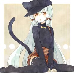 Rule 34 | 10s, 1girl, alternate costume, animal hat, ark kan, black thighhighs, blue hair, blush, cat hat, cat tail, hair ribbon, hat, kantai collection, long hair, murakumo (kancolle), open mouth, red eyes, ribbon, sidelocks, silver hair, sitting, solo, striped, striped background, tail, thighhighs, v arms, very long hair, wariza