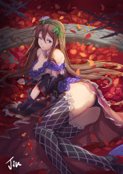 Rule 34 | 10s, 1girl, arm support, ass, bare shoulders, belt, black footwear, black thighhighs, breasts, broken, brown hair, cleavage, closed mouth, flower, from above, granblue fantasy, hair between eyes, hair flower, hair ornament, high heels, highres, jewelry, large breasts, leaf, long hair, looking at viewer, lying, mkd78236, necklace, on side, panties, pantyshot, petals, plant, purple eyes, purple flower, purple rose, rose, rosetta (granblue fantasy), shoes, signature, smile, solo, thighhighs, underwear, very long hair, vines, white flower, white rose