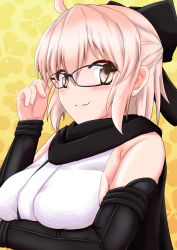 Rule 34 | 1girl, adjusting eyewear, ahoge, bespectacled, black bow, black scarf, blush, bow, breasts, closed mouth, fate/grand order, fate (series), glasses, hair between eyes, hair bow, japanese clothes, kimono, koha-ace, looking at viewer, medium breasts, okita souji (fate), okita souji (koha-ace), scarf, short kimono, sleeveless, sleeveless kimono, smile, solo, tetsuhige, upper body, white kimono