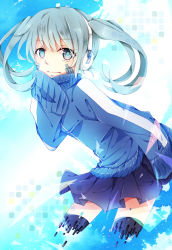 Rule 34 | 1girl, bad id, bad pixiv id, black thighhighs, blue hair, digital dissolve, ene (kagerou project), headphones, jacket, kagerou project, leaning forward, long sleeves, looking at viewer, pleated skirt, shigure kio, short hair, skirt, smile, solo, thighhighs, tokiame kio, track jacket, twintails, vocaloid, zettai ryouiki