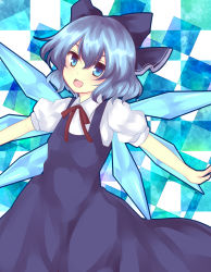 Rule 34 | 1girl, bad id, bad pixiv id, blue eyes, blue hair, bow, checkered background, cirno, dress, embodiment of scarlet devil, hair bow, highres, matching hair/eyes, open mouth, outstretched arms, ribbon, short hair, smile, solo, spread arms, touhou, uranaishi (miraura), wings