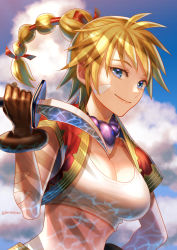 Rule 34 | 1girl, blonde hair, blue eyes, body markings, breasts, chrono cross, cleavage, cloud, cloudy sky, cropped jacket, dagger, facial mark, gloves, hair between eyes, hair ribbon, haru (toyst), holding, holding dagger, holding knife, holding weapon, jacket, jewelry, kid (chrono cross), knife, looking at viewer, medium breasts, midriff, multi-tied hair, necklace, outdoors, ponytail, red jacket, ribbon, shadow, shirt, sky, smile, solo, upper body, weapon, white shirt