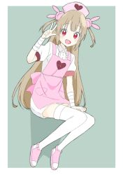 Rule 34 | :d, apron, bad id, bad twitter id, bandaged arm, bandages, blonde hair, blush, rabbit hair ornament, collared dress, donguri suzume, dot nose, dress, fang, green background, hair ornament, hand up, hat, heart, highres, invisible chair, long hair, looking at viewer, natori sana, nurse, nurse cap, open mouth, pink apron, pink thighhighs, puffy short sleeves, puffy sleeves, red eyes, sana channel, shoes, short dress, short sleeves, simple background, sitting, smile, solo, thighhighs, two side up, virtual youtuber, w, white dress, white thighhighs, wing collar