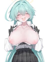 Rule 34 | 1girl, :d, absurdres, ahoge, black gloves, black skirt, blue archive, blue hair, blush, breasts, breasts out, closed eyes, clothes pull, gloves, halo, highres, inverted nipples, large breasts, long hair, long sleeves, nipples, open mouth, partially unbuttoned, pleated skirt, pulling own clothes, round teeth, sagging breasts, shirt, shirt pull, shirt tucked in, skirt, smile, solo, sweat, teeth, upper teeth only, very long hair, vivo (vivo sun 0222), white shirt, yume (blue archive)