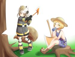 Rule 34 | 2girls, :t, absurdres, arknights, axe, black gloves, blonde hair, boots, bottle, brown footwear, brown hair, brown headwear, chopping, coat, crossover, drinking, fate/grand order, fate (series), gloves, grass, grey coat, grey footwear, hat, highres, holding, holding axe, holding bottle, klaius, knee pads, lumberjack, medium hair, multiple girls, naked overalls, overalls, parted bangs, paul bunyan (fate), paul bunyan (third ascension) (fate), pin, purple overalls, shaw (arknights), sitting, standing, tail, trait connection, tree, tree stump, two-handed, weapon connection, white background, yellow eyes