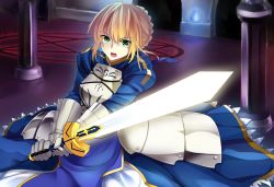 Rule 34 | 1girl, ahoge, armor, armored dress, artoria pendragon (fate), blonde hair, dress, excalibur (fate/stay night), fate/stay night, fate (series), gauntlets, glowing, glowing sword, glowing weapon, green eyes, highres, kmu, kmu (fox also maple), saber (fate), solo, sword, weapon