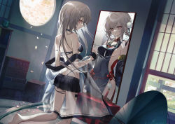 Rule 34 | 1girl, absurdres, breasts, china dress, chinese clothes, choker, commentary request, detached sleeves, different reflection, dress, haizome senri, highres, jacket, long hair, looking at viewer, looking back, miniskirt, mirror, mirror image, petals, red: pride of eden, red eyes, reflection, see-through, see-through jacket, shaw (pride of eden), sideboob, skirt, solo