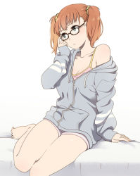 Rule 34 | 1girl, adjusting eyewear, arm support, barefoot, breasts, camisole, cleavage, collarbone, glasses, green eyes, hood, hooded jacket, hoodie, jacket, leg up, mattaku mousuke, off shoulder, orange hair, original, parted lips, short shorts, shorts, sitting, sleeves past wrists, solo, thighs, twintails, white background