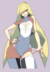 Rule 34 | 10s, 1girl, bare arms, bare shoulders, black thighhighs, blonde hair, breasts, cameltoe, cleavage, cleavage cutout, clothing cutout, covered navel, cowboy shot, creatures (company), cropped legs, dress, empty eyes, fingernails, flat chest, game freak, green eyes, hair over one eye, hand on own hip, highres, leotard, long hair, lusamine (pokemon), nintendo, open mouth, pokemon, pokemon sm, purple background, sleeveless, sleeveless dress, solo, tesu, thighhighs, very long hair, white thighhighs