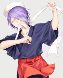 Rule 34 | 1boy, alternate costume, apron, artist name, bandages, boku no hero academia, chikuwa savy, collarbone, cowboy shot, grey background, hair over one eye, hat, holding, looking at viewer, male focus, mouth hold, purple eyes, purple hair, red apron, shirt, shishikura seiji, short hair, short sleeves, simple background, solo, twitter username, white hat, wide sleeves