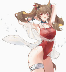 Rule 34 | 1girl, :d, absurdres, angelina (arknights), angelina (summer flower) (arknights), animal ears, arknights, arms behind head, belt, bracelet, breasts, brown hair, choker, collarbone, cowboy shot, dalimao, earpiece, fox ears, fox girl, highres, infection monitor (arknights), jewelry, long hair, looking at viewer, looking away, looking to the side, medium breasts, necklace, official alternate costume, one-piece swimsuit, open mouth, red eyes, red one-piece swimsuit, see-through, sideways glance, simple background, smile, solo, swimsuit, swimsuit cover-up, teeth, thigh strap, twintails, water drop, white background, white belt