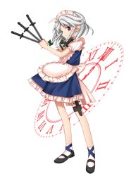 Rule 34 | 1girl, ahoge, apron, back bow, between fingers, black footwear, blue dress, blue ribbon, bow, braid, closed mouth, collared dress, crossed arms, dress, frills, full body, green bow, grey hair, hair bow, hands up, highres, holding, holding knife, holding weapon, izayoi sakuya, keiki8296, knife, leg ribbon, looking at viewer, maid, maid headdress, puffy short sleeves, puffy sleeves, red eyes, ribbon, shoes, short hair, short sleeves, simple background, smile, socks, solo, standing, touhou, twin braids, weapon, white apron, white background, white bow, white socks, wing collar