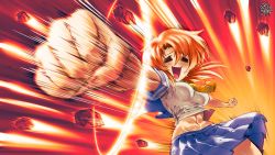 Rule 34 | 1girl, = =, abs, artist name, breasts, commentary, derivative work, closed eyes, highres, higurashi no naku koro ni, medium breasts, midriff, motion lines, open mouth, orange hair, pleated skirt, punching, ryuuguu rena, skirt, smile, solo, the golden smurf