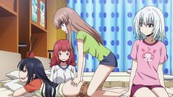 Rule 34 | 4girls, ahoge, animated, animated gif, anime screenshot, aoba kazane, ass, ass grab, bed, bedroom, indoors, interior, kaminashi nozomi, keijo!!!!!!!!, massage, miyata sayaka, multiple girls, o o, screencap, shorts, toyoguchi non