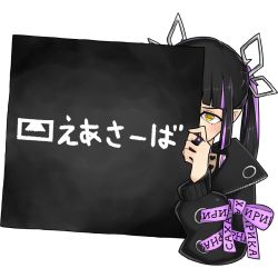 Rule 34 | 1girl, airserver, black hair, black jacket, commentary request, cropped torso, cross-laced clothes, cross-laced sleeves, demon girl, demon horns, engacyo (engacyo39800yen), heart, heart print, holding, holding sign, horns, jacket, jewelry, kojo anna, kojo anna (1st costume), long hair, long sleeves, looking at viewer, multicolored hair, nanashi inc., pointy ears, purple hair, ring, ringed eyes, russian text, sign, simple background, solo, sugar lyric, translated, transparent background, twintails, two-tone hair, upper body, virtual youtuber, yellow eyes
