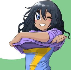 Rule 34 | 1girl, absurdres, animification, black hair, blue eyes, blue shirt, blush, crossed arms, dark-skinned female, dark skin, hair between eyes, highres, kamala khan, looking at viewer, marvel, ms. marvel, neo (neovariable), one eye closed, parted lips, purple shirt, shirt, smile, solo, undressing, upper body