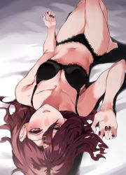 Rule 34 | 1girl, asuzemu, bed sheet, black bra, black panties, bra, breasts, cleavage, collarbone, commentary request, earrings, hair between eyes, hair ornament, hand up, higuchi madoka, idolmaster, idolmaster shiny colors, jewelry, lace, lace-trimmed bra, lace-trimmed panties, lace trim, long hair, looking at viewer, medium breasts, mole, mole under eye, nail polish, navel, on bed, panties, purple eyes, purple hair, purple nails, solo, stomach, underwear, underwear only, upside-down