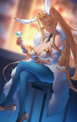 Rule 34 | 1girl, artoria pendragon (all), artoria pendragon (fate), artoria pendragon (swimsuit ruler) (fate), blue necktie, blue pantyhose, breasts, cero320, cleavage, coat, cocktail glass, crossed legs, cup, detached collar, drinking glass, fate/grand order, fate (series), fur coat, hair between eyes, head tilt, high heels, highres, holding, holding cup, large breasts, leotard, long hair, looking at viewer, necktie, pantyhose, playboy bunny, short necktie, sitting, smile, solo, white coat, white footwear, white leotard