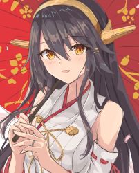 Rule 34 | 1girl, black hair, brown eyes, cherry blossoms, detached sleeves, gensoukitan, hair between eyes, hair ornament, hairclip, haruna (kancolle), headgear, highres, holding, japanese clothes, jewelry, kantai collection, light blush, long hair, looking at viewer, nontraditional miko, oil-paper umbrella, open mouth, red umbrella, ribbon-trimmed sleeves, ribbon trim, ring, umbrella, wedding ring