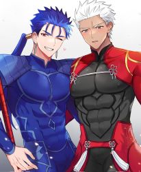 Rule 34 | 2boys, abs, archer (fate), armor, bara, blue hair, blush, bodysuit, chest armor, coat, collared coat, cu chulainn (fate), cu chulainn (fate/stay night), dark-skinned male, dark skin, ear piercing, earrings, fate/stay night, fate (series), feet out of frame, grey eyes, highres, hug, jewelry, lance, long hair, looking at viewer, male focus, manly, mature male, multiple boys, muscular, muscular male, nipples, one eye closed, pectorals, piercing, polearm, ponytail, red eyes, seum (kao husband), short hair, shoulder pads, simple background, smile, smirk, spiked hair, stud earrings, teeth, tight clothes, upper body, weapon, white background, white hair