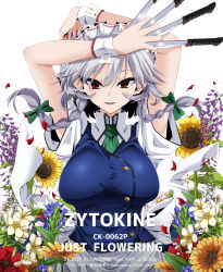 Rule 34 | 1girl, apron, arms up, between fingers, blue skirt, blue vest, bow, braid, breasts, commentary request, eyelashes, flower, frilled apron, frills, green bow, green neckwear, hair between eyes, hair bow, highres, holding, holding knife, holding weapon, izayoi sakuya, knife, knives between fingers, large breasts, looking at viewer, maid, maid apron, maid headdress, nail polish, parted lips, petals, red eyes, red flower, red nails, rihito (usazukin), shirt, short hair, short sleeves, silver hair, simple background, skirt, smile, solo, sunflower, touhou, twin braids, upper body, vest, waist apron, weapon, white apron, white background, white flower, white shirt, wrist cuffs