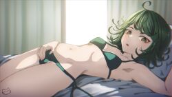 Rule 34 | 1girl, armpits, bikini, breasts, crotch rub, curly hair, curtains, female masturbation, green bikini, green eyes, green hair, green panties, indoors, keihh, looking at viewer, lying, masturbation, messy hair, navel, on back, on bed, one-punch man, open mouth, panties, parted lips, petite, short hair, side-tie bikini bottom, small breasts, solo, stomach, swimsuit, tatsumaki, underwear, window