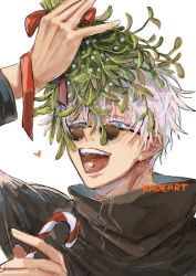 Rule 34 | 1boy, arm up, artist name, black jacket, blue eyes, candy, candy cane, colored eyelashes, commentary, english commentary, food, gojou satoru, heart, high collar, holding, holding candy, holding candy cane, holding food, holding mistletoe, jacket, jujutsu kaisen, kadeart, long sleeves, looking at viewer, male focus, mistletoe, open mouth, paid reward available, red ribbon, ribbon, round eyewear, short hair, simple background, solo, sunglasses, tongue, tongue out, white background, white hair