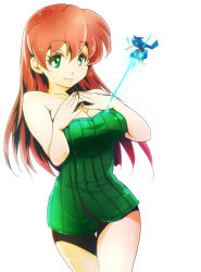 Rule 34 | 1boy, 1girl, android, arm blade, asagi marin, bare shoulders, breasts, brigadoon, brown hair, cleavage, green eyes, green shirt, long hair, medium breasts, melan blue, niku (amikoto), aged up, shirt, simple background, size difference, smile, thigh gap, weapon, white background