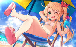 Rule 34 | 1girl, ;3, ;d, amagasa yun, bikini, blonde hair, blue sky, blush, chair, cloud, commentary request, crossed legs, cup, day, drink, drinking glass, feet, green eyes, hair ribbon, high ponytail, himesaka noa, holding, holding cup, long hair, lounge chair, o-ring, o-ring bikini, o-ring bottom, o-ring top, one eye closed, open mouth, outdoors, pink footwear, red ribbon, ribbon, sandals, side ponytail, sitting, sky, smile, solo, swimsuit, thick eyebrows, toes, very long hair, watashi ni tenshi ga maiorita!, water, white bikini