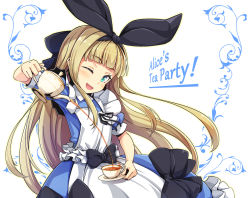 Rule 34 | 1girl, ;d, apron, black bow, black ribbon, blonde hair, blue dress, blush, bow, character name, cup, dress, green theme, hair bow, hair ribbon, head tilt, holding, holding saucer, holding teapot, long hair, looking at viewer, maid apron, mononobe alice, mononobe alice (1st costume), nijisanji, ogami kazuki, one eye closed, open mouth, pouring, puffy short sleeves, puffy sleeves, ribbon, saucer, short sleeves, smile, solo, teacup, teapot, very long hair, virtual youtuber, white apron