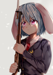 Rule 34 | 1girl, absurdres, animal ears, bayonet, black jacket, blazer, blue hair, blurry, blurry foreground, commentary request, crescent, crescent pin, dress shirt, expressionless, grey background, gun, hair between eyes, highres, holding, holding weapon, jacket, looking to the side, mahoro (minase mahoro), necktie, partial commentary, pink eyes, rabbit ears, red necktie, reisen, rifle, shirt, short hair, simple background, solo, standing, standing at attention, touhou, upper body, weapon, white shirt