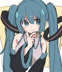 Rule 34 | 1girl, absurdres, aqua eyes, aqua hair, aqua nails, aqua necktie, bare shoulders, black sleeves, blush, blush stickers, breasts, commentary, detached sleeves, grey shirt, hair between eyes, hair ornament, hand on own chin, hatsune miku, highres, long hair, looking to the side, medium breasts, multicolored background, n40a1, necktie, shirt, simple background, sketch, smile, smug, solo, stroking own chin, twintails, upper body, v, v-shaped eyebrows, vocaloid, white background, yellow background